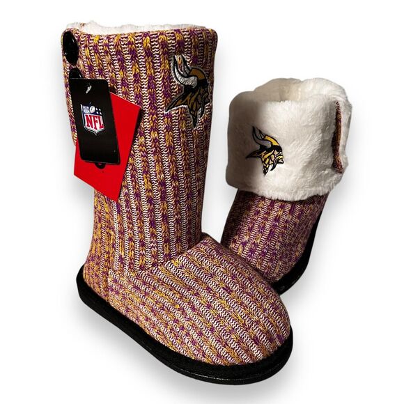 NEW Minnesota Vikings NFL FOCO Women's Boots Slippers Small 5-6 Fold Button Fur - Picture 1 of 7